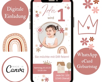 Digital children's birthday invitation, personalized e-card for WhatsApp, photo invitation for girls, birthday invitation for mobile phones, Canva template