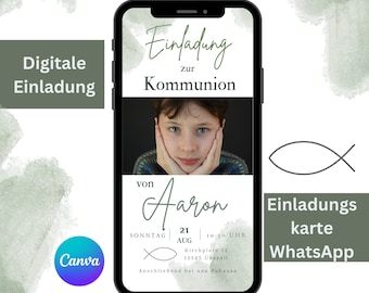 Einladungskarte Kommunion Junge, Einladung WhatsApp personalisierbar, Digitale Erstkommunion Einladungsvorlage Canva, eCard Konfirmation