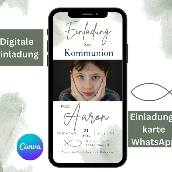 Einladungskarte Kommunion Junge, Einladung WhatsApp personalisierbar, Digitale Erstkommunion Einladungsvorlage Canva, eCard Konfirmation