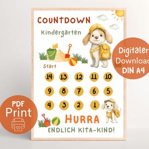 Cuenta atrás para guardería, Soy un niño de guardería, Plan de refuerzo, Por fin un niño de guardería, PDF para imprimir DIN A4, Primer día de guardería, Niña, Perro