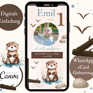Personalisiertere Einladung zum Kindergeburtstag, Digitale Einladungskarte Foto, e-Card Einladung Mädchen WhatsApp, Vorlage Canva Geburtstag