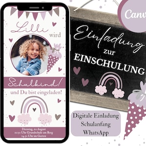 Einladung Einschulung, Digitale Einladungskarte Regenbogen Mädchen, Erster Schultag, Vorlage Canva, personalisierte eCard Schulanfang lila