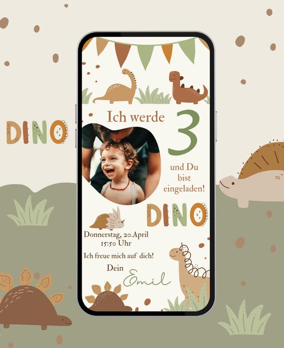 Einladung Kindergeburtstag Dino |  eCard Geburtstagseinladung Dinosaurier mit Foto