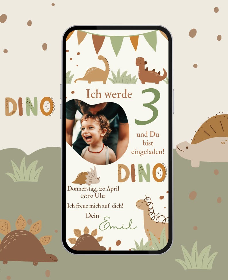 Dinosaur Birthday Party Invitation for a Boy | Dinosaur Birthday Invitation eCard with Photo image 3