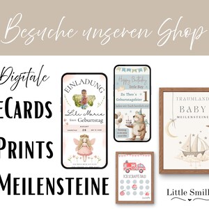 Puede incluir: Imagen con tarjetas electr&oacute;nicas digitales, impresiones y tarjetas de hitos. Incluye una invitaci&oacute;n de cumplea&ntilde;os, una tarjeta de "Feliz Cumplea&ntilde;os" con un oso y una impresi&oacute;n enmarcada de hitos del beb&eacute;. El texto "Besuche unseren Shop" est&aacute; en la parte superior.