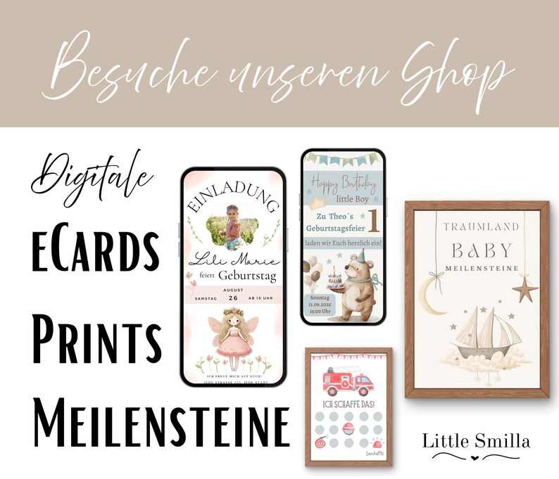 Puede incluir: Imagen con tarjetas electr&oacute;nicas digitales, impresiones y tarjetas de hitos. Incluye una invitaci&oacute;n de cumplea&ntilde;os, una tarjeta de "Feliz Cumplea&ntilde;os" con un oso y una impresi&oacute;n enmarcada de hitos del beb&eacute;. El texto "Besuche unseren Shop" est&aacute; en la parte superior.