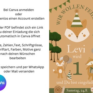 Puede incluir: Una invitaci&oacute;n de cumplea&ntilde;os con un tema de zorro de dibujos animados. La invitaci&oacute;n presenta un zorro con un gorro de fiesta, globos y el texto "Levi wird 1" y "Wir wollen feiern". El logotipo de Canva est&aacute; en la esquina inferior izquierda.
