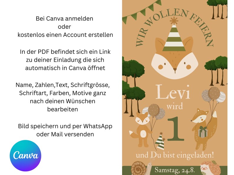 Puede incluir: Una invitaci&oacute;n de cumplea&ntilde;os con un tema de zorro de dibujos animados. La invitaci&oacute;n presenta un zorro con un gorro de fiesta, globos y el texto "Levi wird 1" y "Wir wollen feiern". El logotipo de Canva est&aacute; en la esquina inferior izquierda.