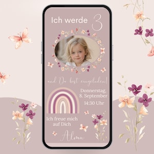 Invito di compleanno per una bambina, fiori di campo, rosa, con foto | Invito di compleanno per bambine di 3 anni