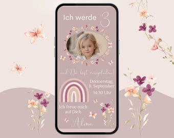 Birthday invitation for a girl, wildflowers, pink, with photo | Birthday invitation for 3-year-olds