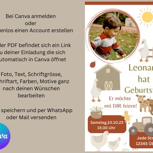 K&ouml;nnte beinhalten: Eine farbenfrohe Geburtstagseinladung mit einem Foto eines jungen Jungen, Farmtieren und einem Traktor. Der Text lautet "Leonard hat Geburtstag. Er m&ouml;chte mit DIR feiern!" Samstag, 10.10.23 15:30 Uhr. Jede Str. 123 12345 &Uuml;berall.