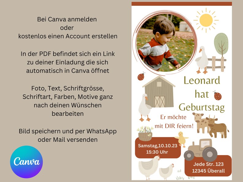 K&ouml;nnte beinhalten: Eine farbenfrohe Geburtstagseinladung mit einem Foto eines jungen Jungen, Farmtieren und einem Traktor. Der Text lautet "Leonard hat Geburtstag. Er m&ouml;chte mit DIR feiern!" Samstag, 10.10.23 15:30 Uhr. Jede Str. 123 12345 &Uuml;berall.