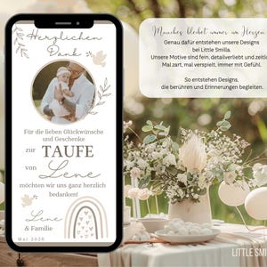 Tarjeta digital de agradecimiento por bautizo con foto, tarjeta electrónica boho arcoíris | Mensaje de agradecimiento por bautizo para niña por WhatsApp | Gracias por las felicitaciones por la celebración del bautizo imagen 3
