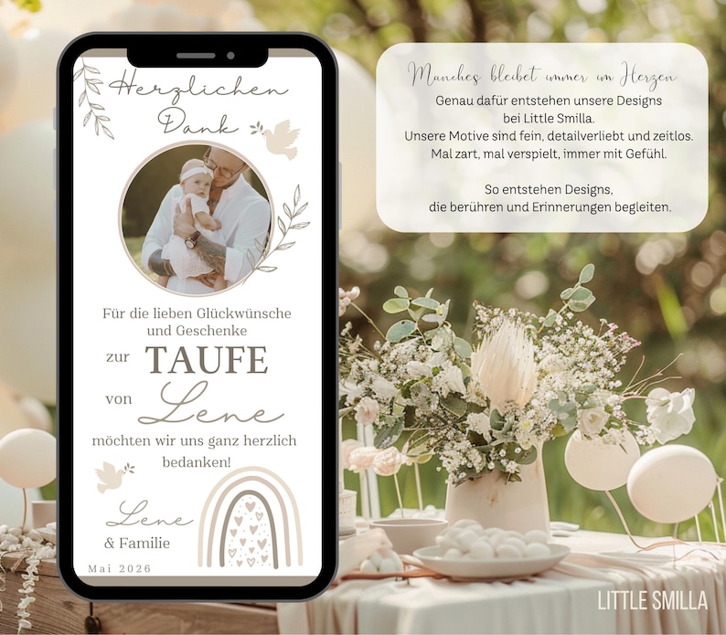 Tarjeta digital de agradecimiento por bautizo con foto, tarjeta electrónica boho arcoíris | Mensaje de agradecimiento por bautizo para niña por WhatsApp | Gracias por las felicitaciones por la celebración del bautizo imagen 3