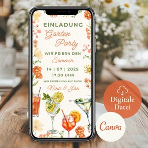 Invito digitale per festa in giardino, eCard personalizzata per festa estiva, invito WhatsApp per compleanno donna coppia famiglia, modello Canva colorato