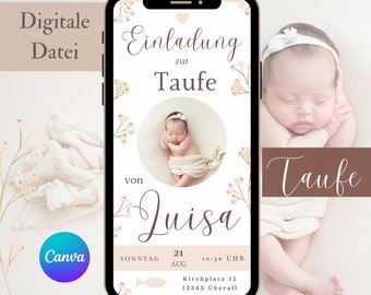 Cyfrowa e-kartka z zaproszeniem na chrzest, zaproszenie na chrzest w stylu boho, spersonalizowany szablon Cana, zaproszenie przez WhatsApp na chrzest dziewczynki
