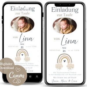 Invitation numérique pour baptême avec arc-en-ciel, invitation de baptême personnalisable avec photo, carte d'invitation eCard bohème WhatsApp pour filles