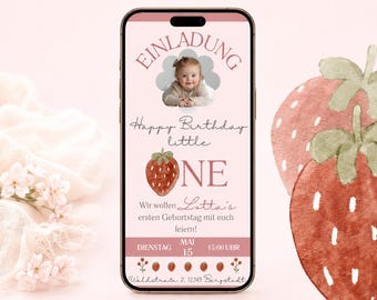 Invitación de primer cumpleaños con diseño de fresas y foto | Tarjeta electrónica rosa para niñas