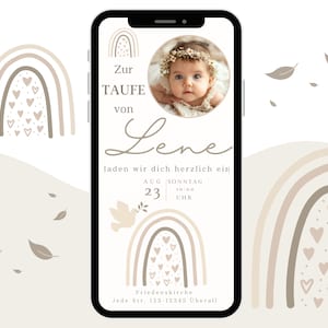 Invitación de bautizo con foto y arcoíris | personalizable para niño o niña | invitación de bautizo en beige y blanco