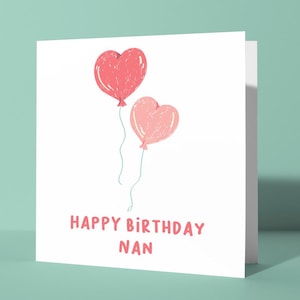 Feliz Aniversário Nan - Cartão de Feliz Aniversário Fofo e Amoroso para Vovó Avó | Balões em Forma de Coração, Design Simples e Amoroso