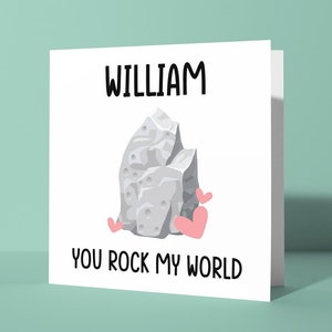 Personalizado You Rock My World | Cartão de felicitações de aniversário de dia dos namorados, trocadilho, cartão engraçado de amor para ele ou ela, nome personalizado do parceiro de casal