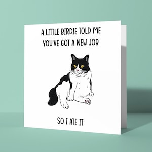 Passarinho me disse que você tem um novo emprego - Cartão de Boa Sorte no Novo Emprego | Cartão de Piada Engraçada de Gato Ele, Sua Amiga, Colega, Parabéns