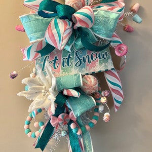 Whimsical Pastel Candy Christmas Teardrop Swag Wreath for Front Door, Turquoise Christmas Wreath with Candy, Elegant Pink Holiday Wreaths