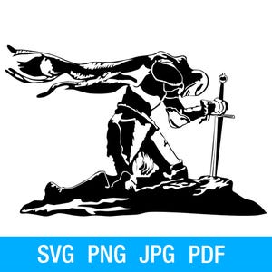 Peut inclure: Une silhouette noire et blanche d'un chevalier agenouillé tenant une épée devant lui. Le chevalier porte une armure et une cape. L'épée est pointée vers le sol.