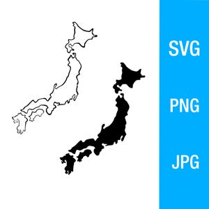 Peut inclure: Graphique en noir et blanc de la carte du Japon. Une version est une silhouette noire pleine, et l'autre est un contour noir. L'image comprend également le texte "SVG", "PNG" et "JPG" dans un rectangle vertical bleu.
