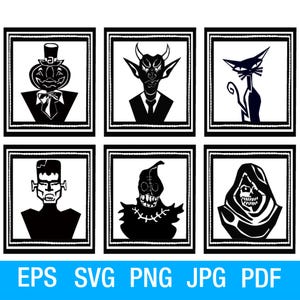 May include: A set of six black and white Halloween character illustrations in frames. The characters include a pumpkin, a devil, a cat, Frankenstein, a scarecrow, and a skeleton.