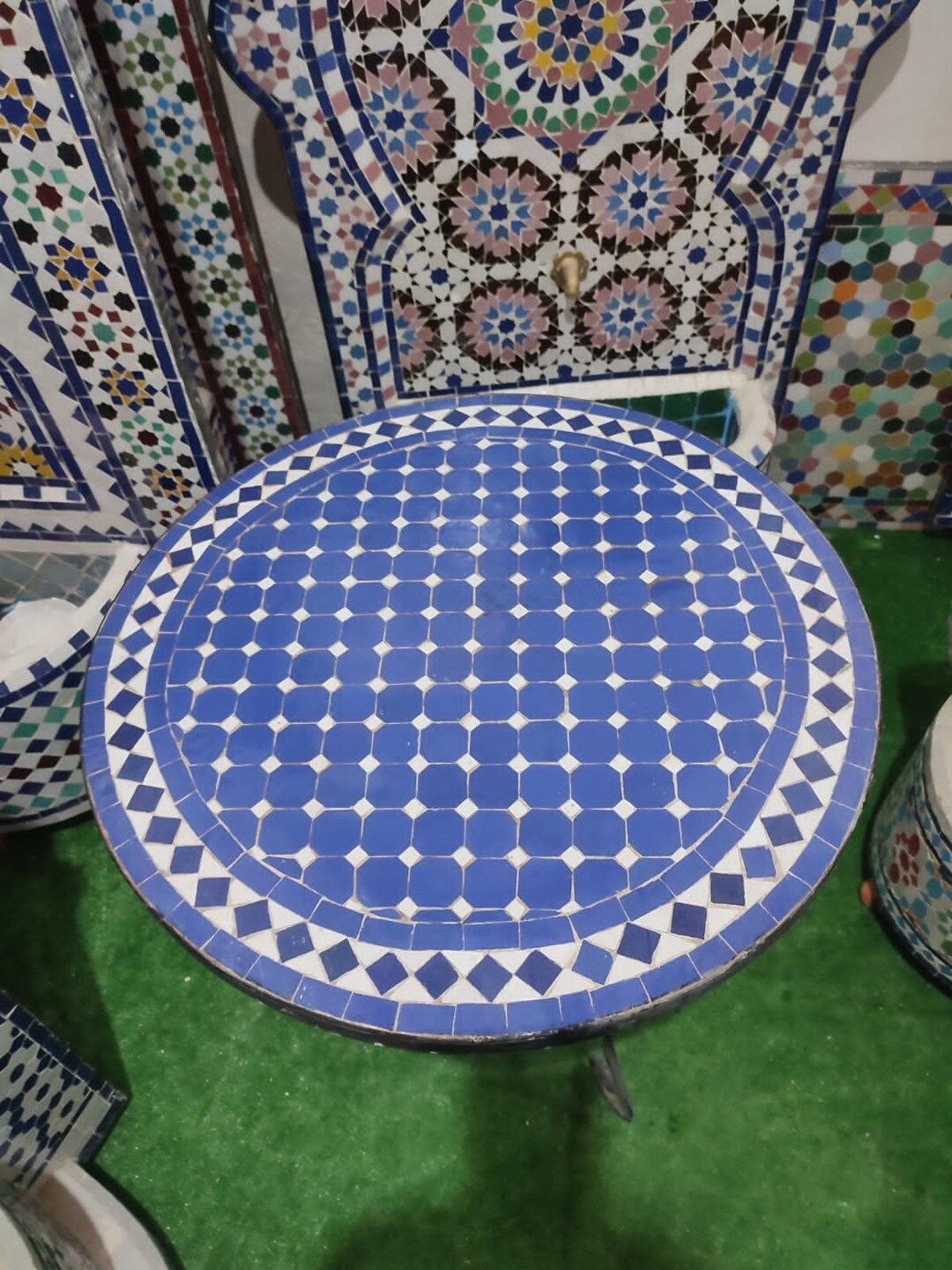 Moroccan Beni Ourain Mosaic Ceramic Blue Round Table, Atlas Mountain