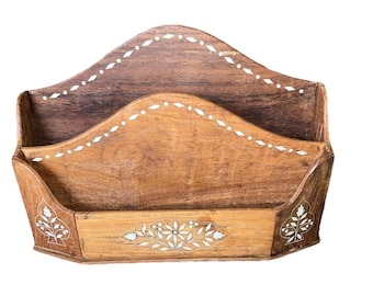 Vintage Bone Inlay Wooden Caddy Or Desk Organizer 12” X 8” X 4”