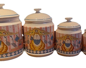 Vintage Lisa Berrett Canister Set 8 Piece 4 with Lids Country Tabby Cat 1980s