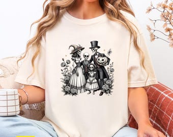 Elegant Skeleton Family Halloween T-Shirt: Gothic Rose & Skeleton Art Tee