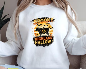 Spooky Highland Hallow Halloween Sweatshirt - Retro Farmhouse Pumpkin Shirt
