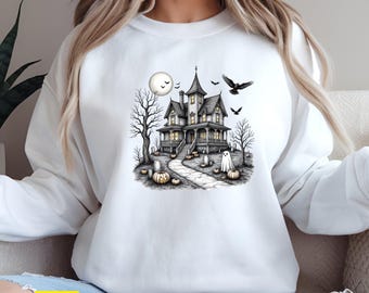 Gothic Haunted House Tee: Halloween Ghosts, Bats & Pumpkin Shirt