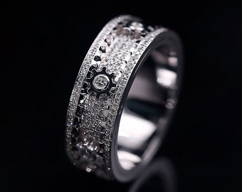Steampunk Moissanite Cogwheel Fidget Ring, Calming Stone Ring, Men’s Cubic Zirconia Band, Women’s Spinner Ring, Anti Stress Ring
