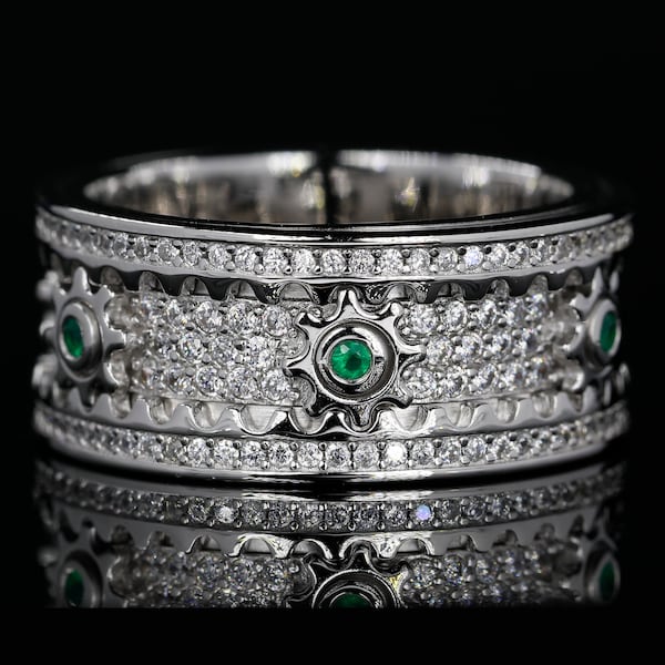 Jade Cogwheel Fidget Ring, Cubic Zirconia Spinner Ring For Men - Women, Sterling Silver Anxiety Ring