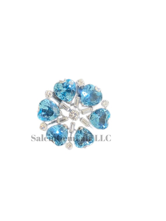 14KT White Gold Blue Aqua and Diamond Brocch - image 1