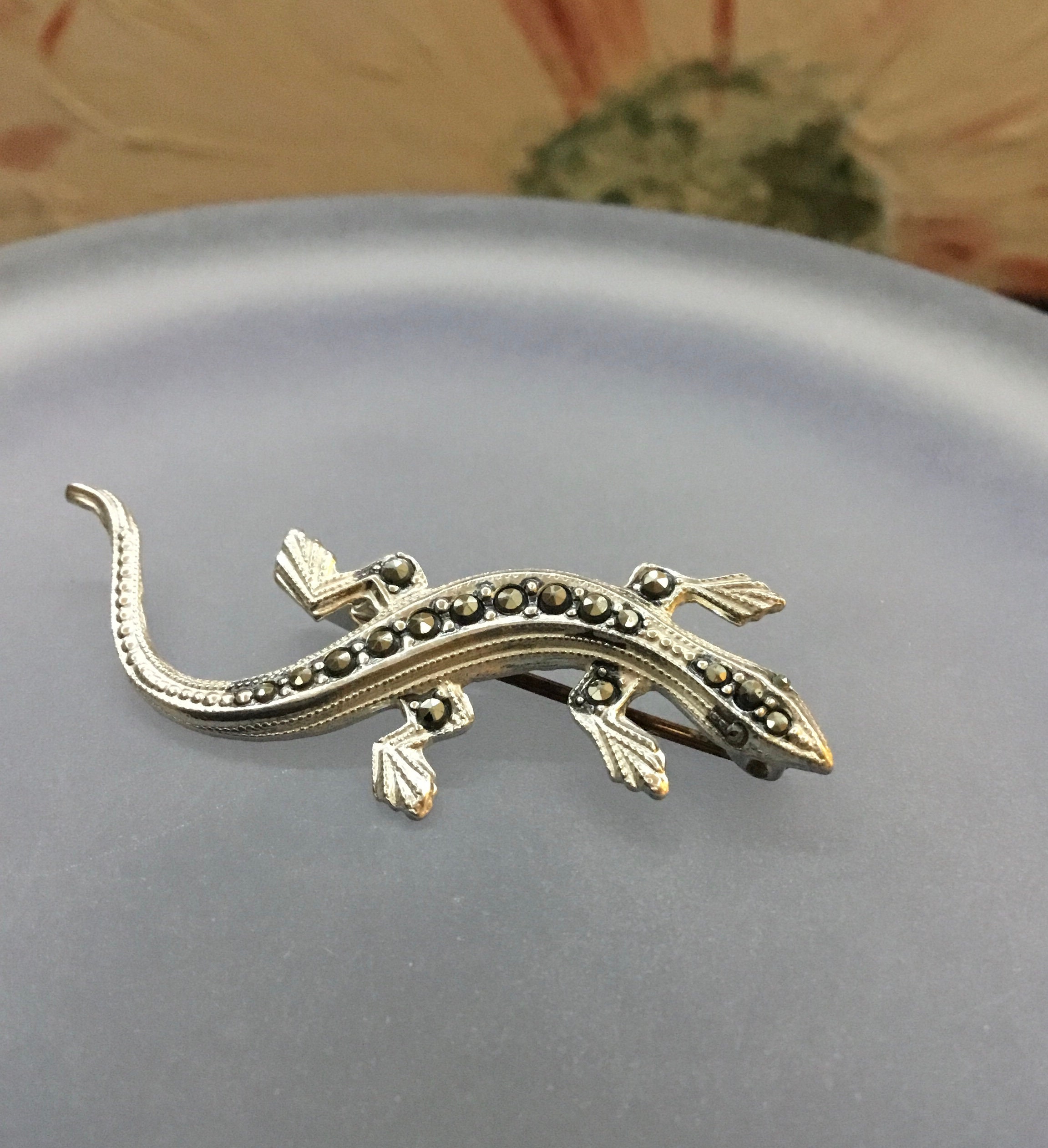 Broche Vintage En Argent Salamandre Avec Marcassites - Ancienne, Poinçonnée - Parfait état