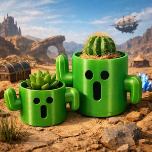 Final Fantasy Cactuar Planter | Funny Succulent Pot | Gamer Desk Decor | 3D Printed Cactus Planter | Cute Plant Pot