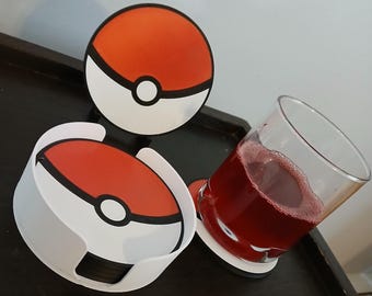 Pokemon Pokeball Coasters | Gamer Drink Coasters with Holder | 3D Printed Gaming Desk Decor | Retro Game Inspired