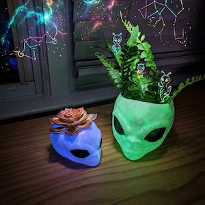 Puede incluir: Dos macetas con forma de alienígena y superficies lisas. La maceta blanca más pequeña contiene una suculenta de color cobre metálico. La maceta verde brillante más grande contiene un helecho y pequeñas figuras alienígenas iluminadas.
