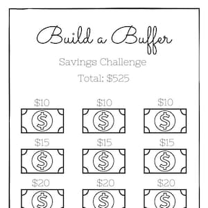 Puede incluir: Un gráfico de desafío de ahorro imprimible con el título "Build a Buffer" y el texto "Savings Challenge" y "Total: $525". El gráfico tiene 18 imágenes en blanco y negro de billetes de dólar con diferentes cantidades de dólares de $10 a $40.