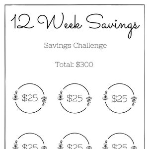 以下が含まれることがあります： 「12 Week Savings」の文字が入った、白黒の貯蓄チャレンジチャート。合計300ドルで、中に「$25」と書かれた円が含まれています。デザインは花のアクセントが特徴で、家計管理に適しています。