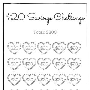 Puede incluir: Un gráfico de desafío de ahorro imprimible con un objetivo de ahorro total de 800 €. El gráfico presenta 40 corazones, cada uno con el texto "20 €" en su interior. El gráfico está diseñado para ayudar a las personas a ahorrar dinero.
