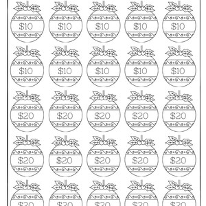 May include: A printable Christmas savings challenge with a total goal of &pound;500. The challenge is represented by 25 black and white Christmas ornament illustrations, each with a dollar amount. The amounts are &pound;10 and &pound;20.