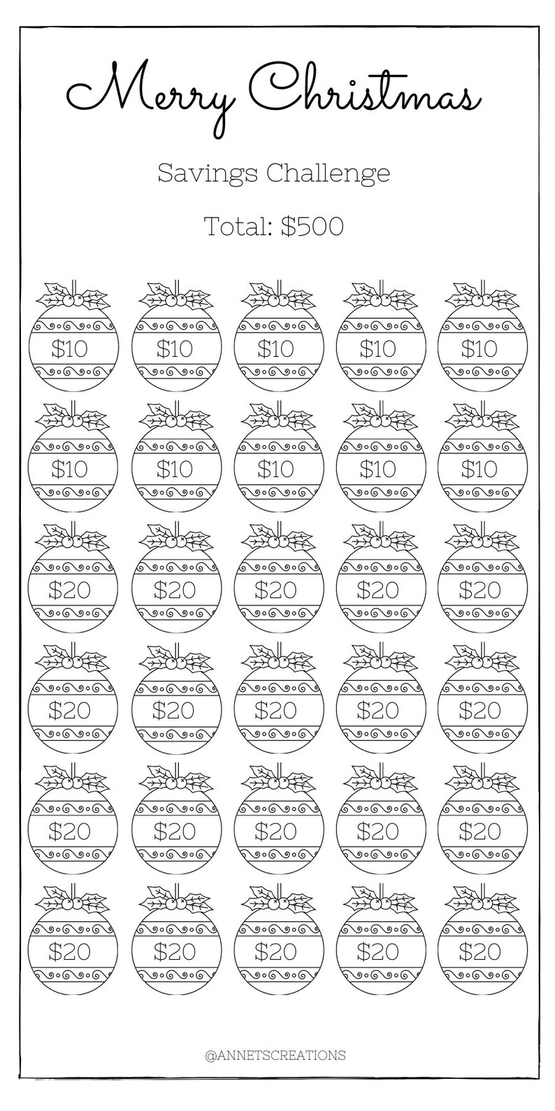 May include: A printable Christmas savings challenge with a total goal of &pound;500. The challenge is represented by 25 black and white Christmas ornament illustrations, each with a dollar amount. The amounts are &pound;10 and &pound;20.