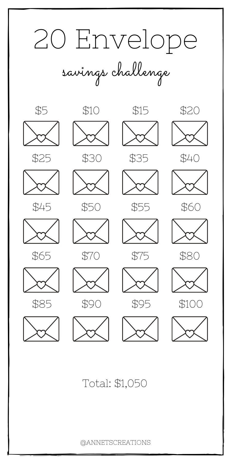 20 Envelope Savings Challenge | Save 1050 | Digital Download | Low