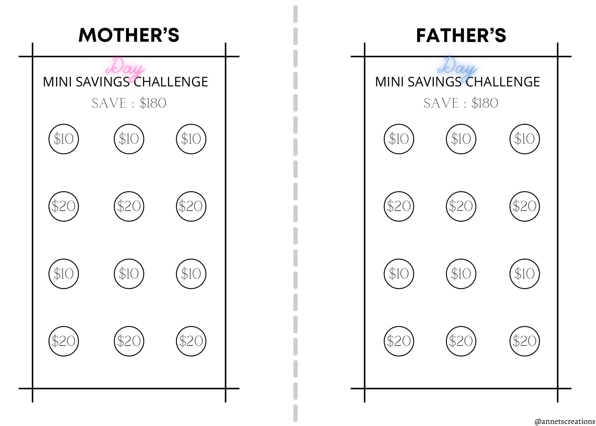 Mothers Day & Fathers Day Savings Challenge Dual Savings Etsy